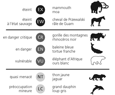 L’Union internationale pour la conservation de la nature (UICN) classe les espèces animales et végétales en fonction des menaces qui pèsent sur elles, et suit l’évolution de leur statut. On considère comme « espèces menacées » l’ensemble des groupes CR, EN et VU.