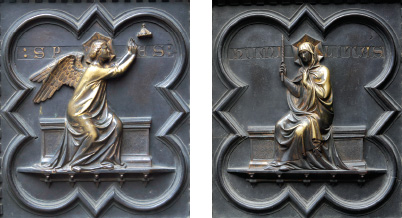 Baptistery, South Door: Andrea Pisano, Hope (left) and Humility (right), gilt-bronze, 1330.