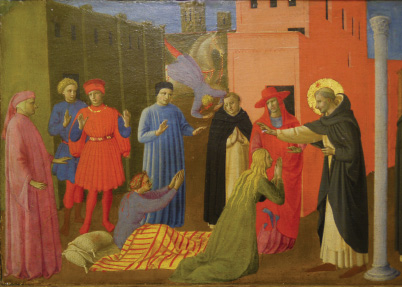 Museo Diocesano: Fra Angelico, Saint Dominic raising Napoleone Orsini, predella panel (detail).