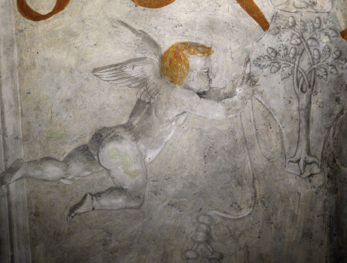 Basilica, Sacristy of San Giovanni: associate of Luca Signorelli, putto supporting the arms of Cardinal Girolamo basso della Rovere, fresco (detail).