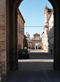 View northwards from the south gate, with the church on the right.