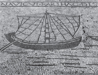 Portico of the Piazzale of the Corporations: a ship, mosaic.