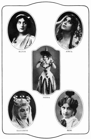 Photos of Farrar as Manon, Amica, Nedda, Elizabeth and Mimi