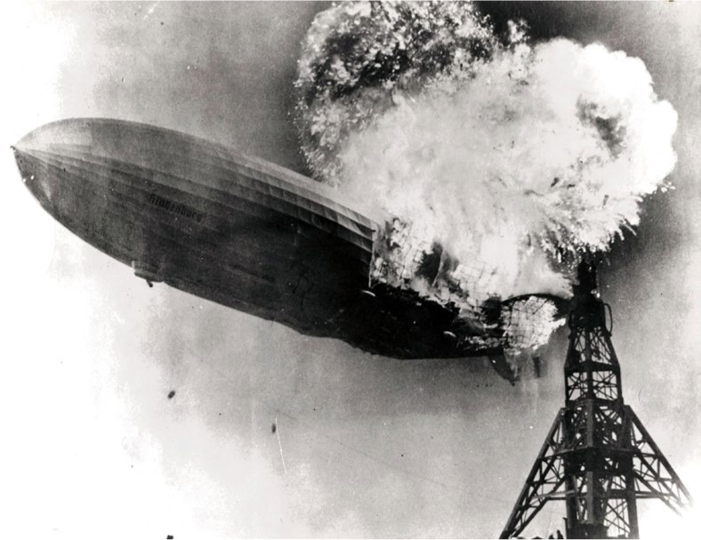 As the Hindenburg approached its mooring mast on May 6, 1937, the top of the ship burst into flame. WIKIMEDIA COMMONS