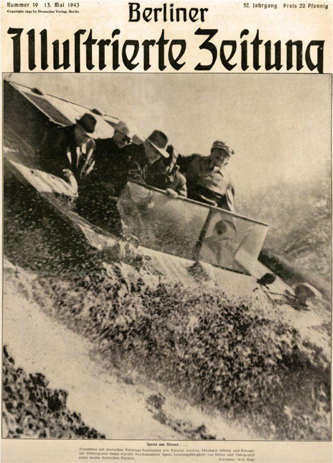  The Nazi-controlled Berlin Illustrated Magazine of May 13, 1943, shows Hugo Eckener, seated on the far left, in a tank being driven by Albert Speer, the Nazi arms minister. The caption calls the occupants of the new German tank “armaments experts.” AUTHOR COPY