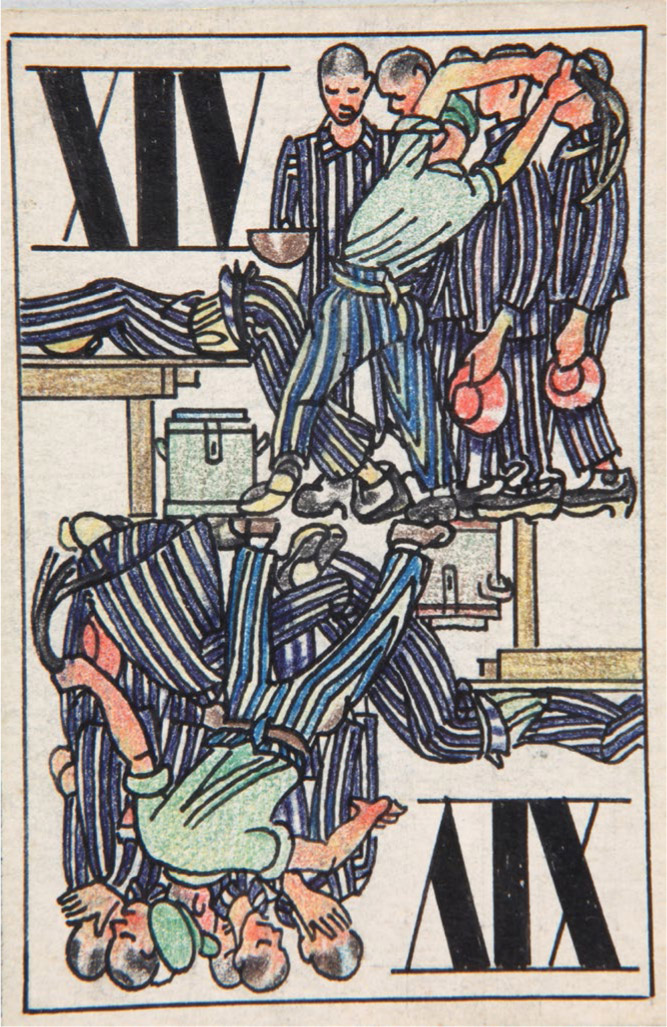  Forced to construct rocket parts at the old Zeppelin factory, slave laborers were sometimes brutally flogged. This tarot card was drawn by a prisoner of several Nazi camps, Boris Kobe, a Slovenian artist and architect. COURTESY OF JURIJ KOBE AND THE NATIONAL MUSEUM OF CONTEMPORARY HISTORY, SLOVENIA