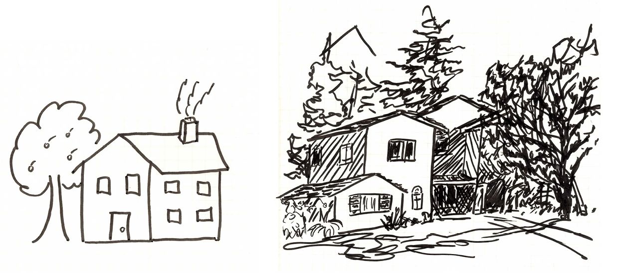 Child's drawing of house next to adult drawing of house