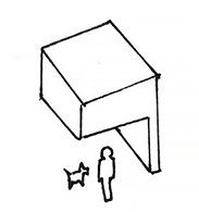 Drawing of building, man and dog