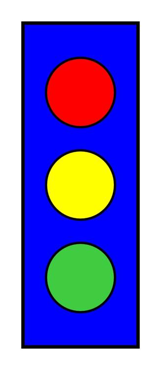 A tall blue rectangle with red, yellow, and green circles arranged from top to bottom.