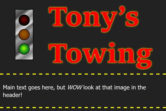 A mock-up web page for Tony's Towing, with the stoplight graphic as a logo, beside the company name in a header.