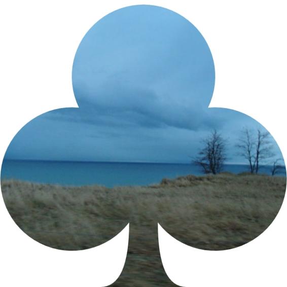 The club-suit shape, filled with a photograph of a lakeshore with blue clouds above, flat blue water below and dry, wind-swept grass and leafless trees in front.