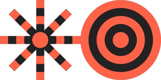 The asterisk shape, made of up intersecting horizontal, vertical, and diagonal lines, on the left and the circle on the right.  Both are painted with the same pattern of concentric red and black rings.  On the asterisk, the rings cut across the individual lines of the path.