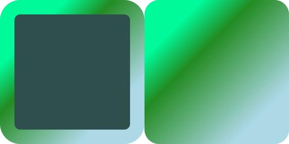 Two squares with rounded corners.  On the left, the center of the square is green-gray, framed with a diagonal green gradient.  On the right, the entire square is filled with the green gradient.  The outside dimensions of both squares are the same.  The gradients are almost identical, but not quite: on the shape with the outline, the solid colors in the top left and bottom right corners extend a little farther, so the actual gradient section is shorter.