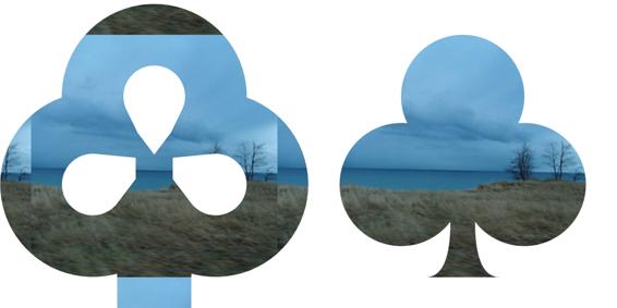 Two shapes clipped out of a photographic image of a lake shore.  The shape on the right is the familiar club icon, filled with a single copy of the photo; it is a slightly scaled down image of the figure from the previous chapter.  The shape on the left is much more abstract, the thick strokes intersecting and overlapping, while leaving teardrop-shaped holes for each of the three lobes of the club shape.  The overall size of this shape is larger than the one beside it, but the photograph is drawn at the same size.  On all the edges, tiled copies of the photograph fill up the extra space, so there is blue sky below the brown ground at the bottom and brown ground above the blue sky at the top.