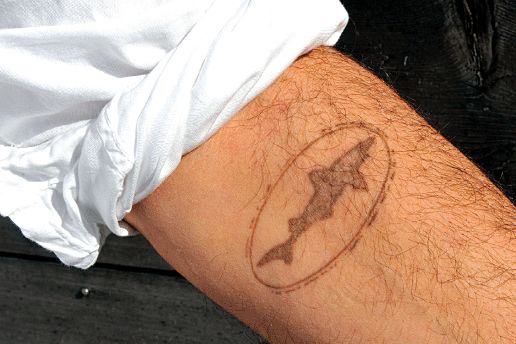 A color photograph depicting the author's tattoo of the shark-and-broken-shield logo on his arm.