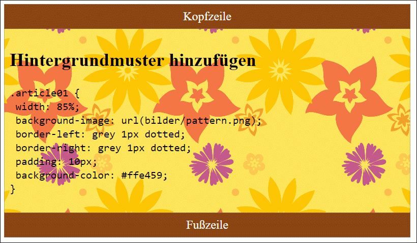 Dem <article>-Element wurde eine Hintergrundgrafik hinzugefügt, die sich über die Hintergrundfarbe legt (Hintergrundmuster: »http://bgpatterns.com«).