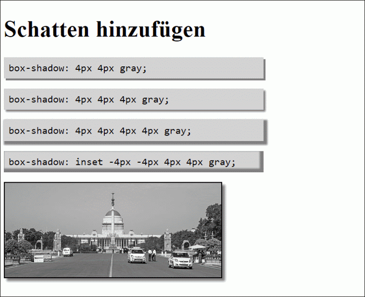 Schatten für HTML-Elemente hinzuzufügen wird dank »box-shadow« von CSS3 zum Kinderspiel. Das Beispiel finden Sie unter »/Beispiele/Kapitel011/11_3_6/index.html«.