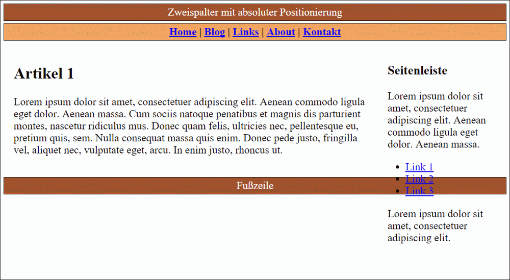 Problematisch ist die Form eines Layouts mit absoluter Positionierung, wenn der Inhalt des absolut positionierten Elements länger ist als der Hauptinhalt.