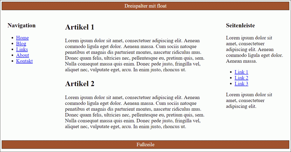 Ein einfaches dreispaltiges flexibles Layout mit »float«