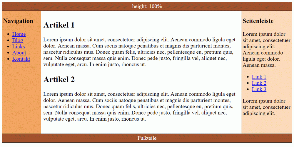 Wenn Sie die Bereiche mit der CSS-Eigenschaft »height« auf 100 % setzen, klappt dies, solange nicht gescrollt werden muss. Das Beispiel finden Sie unter »/Beispiele/Kapitel013/13_3_3/index5.html«.