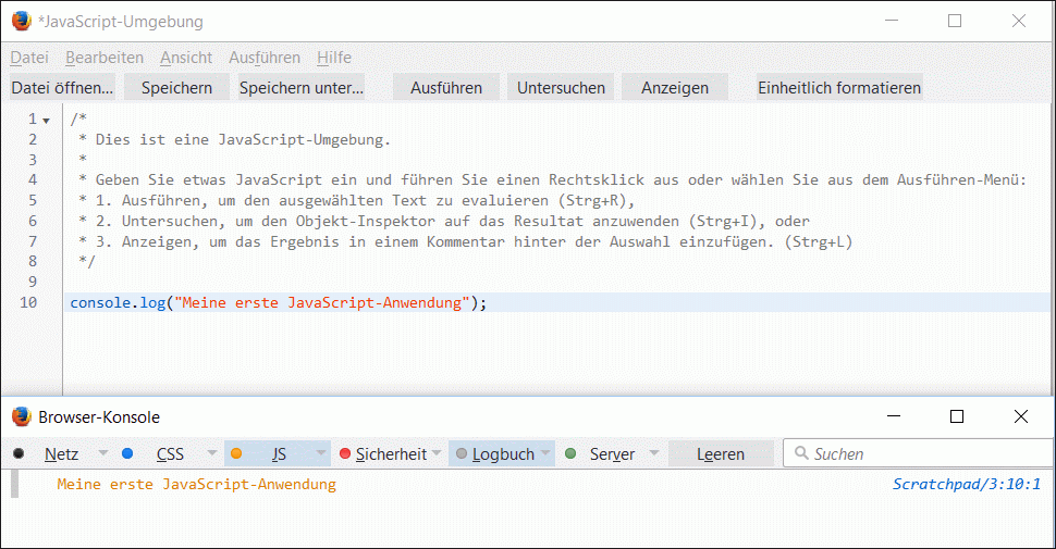 Die erste JavaScript-Anwendung bei der Ausführung