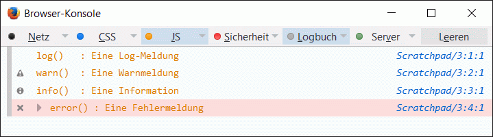 Unterschiedliche Stile von Ausgaben in der Web-Konsole