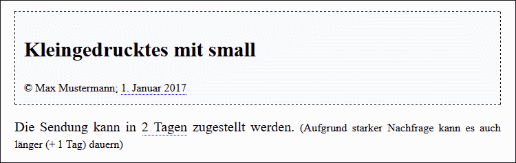 Hier wurde ein Copyright in den Kopf eines Artikels sowie eine klein gedruckte Information zwischen <small> und </small> gestellt.