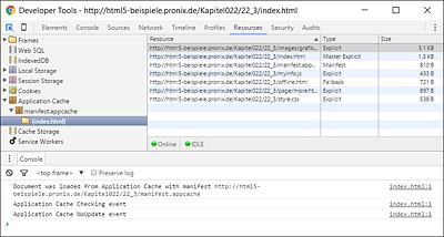 Die Ressourcen des Application Cache können Sie auch mit den Entwickler-Tools des Webbrowsers betrachten und überwachen.