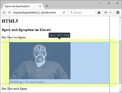 Hier wurde im <article>-Element zwischen <figure> und </figure> ein Bild mit dem <img>-Element und eine Bildunterschrift mit dem <figcaption>-Element eingefügt.