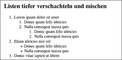 Auch weitere Verschachtelungstiefen und das Mischen von geordneten und ungeordneten Listen sind möglich.