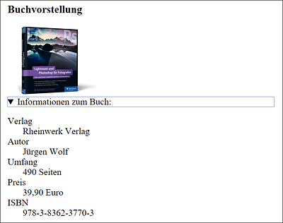Hier wurde die Beschreibungsliste für eine Abbildung (hier ein Buch) innerhalb des neu in HTML5 eingeführten <details>-Elements verpackt, wodurch die Beschreibung auf- und zugeklappt werden kann.