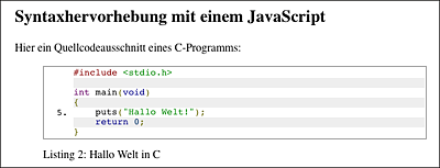 Hier wurde der Quellcode der Programmiersprache C mithilfe eines JavaScripts formatiert.