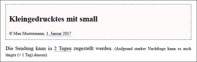 Hier wurde ein Copyright in den Kopf eines Artikels sowie eine klein gedruckte Information zwischen <small> und </small> gestellt.