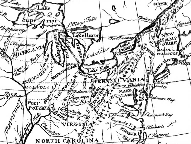 A map of the north eastern quadrant of the United States shows the original 13 states, and then the region between them and the Mississippi river divided into 14 sections. This shows Thomas Jefferson’s proposed divisions of the western territories that would create new states approximately equal to the original Thirteen Colonies. 