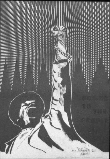 A black and white image of a shouting African American with an upraised fist encircled by a chain against a background of multiple skyscrapers.