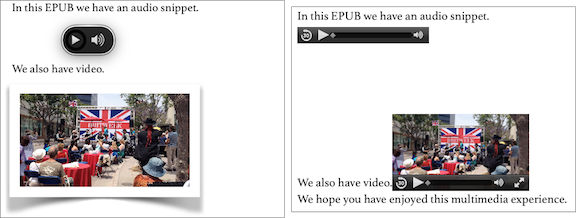 _**Figure 146:** Audio and video within Pages (left) can look different when exported into an EPUB (right)._