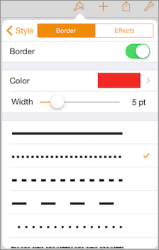 **Figure 149:** The Format popover’s Style Options panel provides controls for altering an object’s border in Pages for iOS.