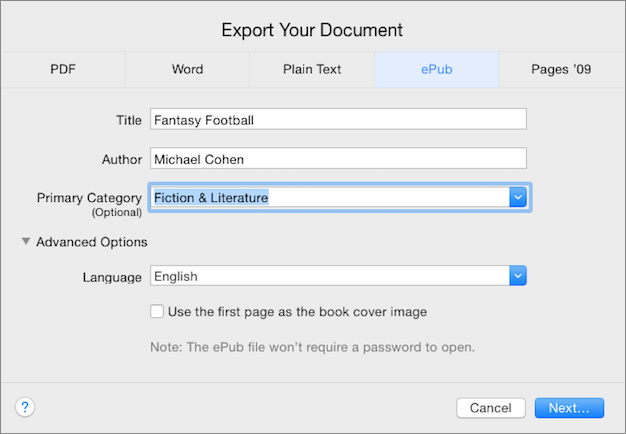 **Figure 188:** The EPUB export options, such as the ones for the Mac shown here, set the EPUB’s metadata, which EPUB reading apps use to present and organize their book collections.