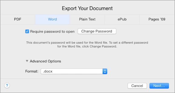 **Figure 186:** Exporting to Word format on the Mac provides options for requiring a password and setting the specific Word format.