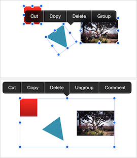 **Figure 124:** Objects ready to be grouped, above; grouped object ready to be ungrouped, below.