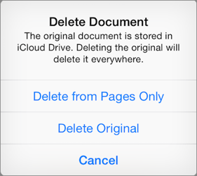 **Figure 39:** You have choices when you delete a document stored in iCloud outside of the Pages app library.