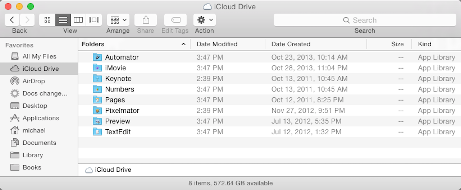 **Figure 28:** This iCloud Drive contains various app libraries, some dating back several years but now visible in the Finder for the first time.