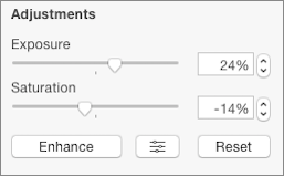 **Figure 144:** Change an image’s exposure, saturation, and more with the Object Format inspector’s Adjustments settings.