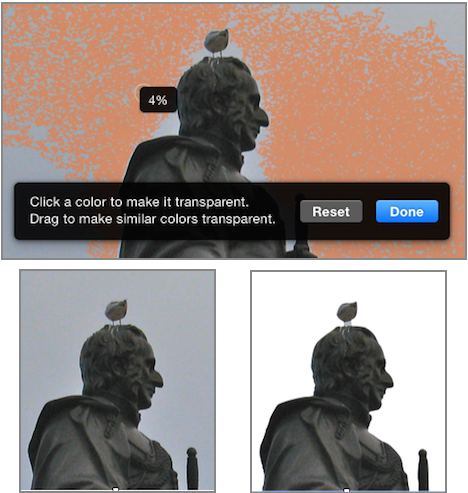 **Figure 145:** Dragging with the Instant Alpha tool (top) removes parts of an image that have a similar color. Here, the gray sky in the original image (bottom left) becomes transparent (bottom right).