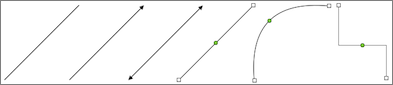 **Figure 136:** From left to right, the six named line types in Pages for Mac are: line, line with arrowhead, line with two arrowheads, straight connection line, curved connection line, and right angle connection line.