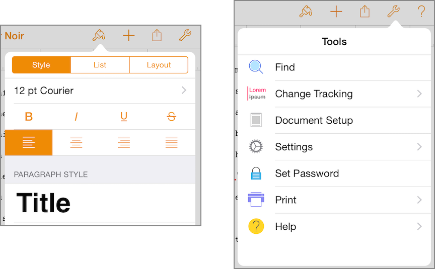 **Figure 7:** The Format inspector popover appears when you tap the Format icon in the toolbar (left), and the Tools popover appears when you tap the Tools icon (right).