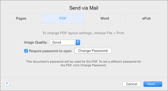 **Figure 187:** Sending or exporting a Pages document as a PDF on the Mac provides options for specifying a password and image quality.