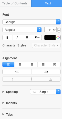 **Figure 104:** The Text panel of the Format inspector when table of contents entries are selected.