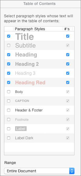 **Figure 101:** The Table of Contents panel in the Format inspector for a document created with the Blank template.