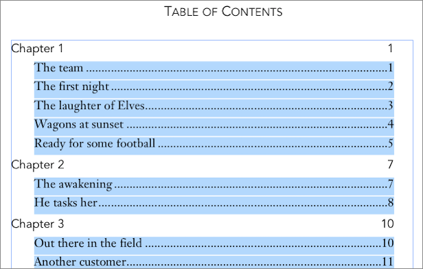 **Figure 103:** Click a table of contents entry generated by a particular paragraph style to select all the entries generated by that style.